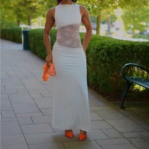 Peppermayo White Lace-Panel Maxi Skirt